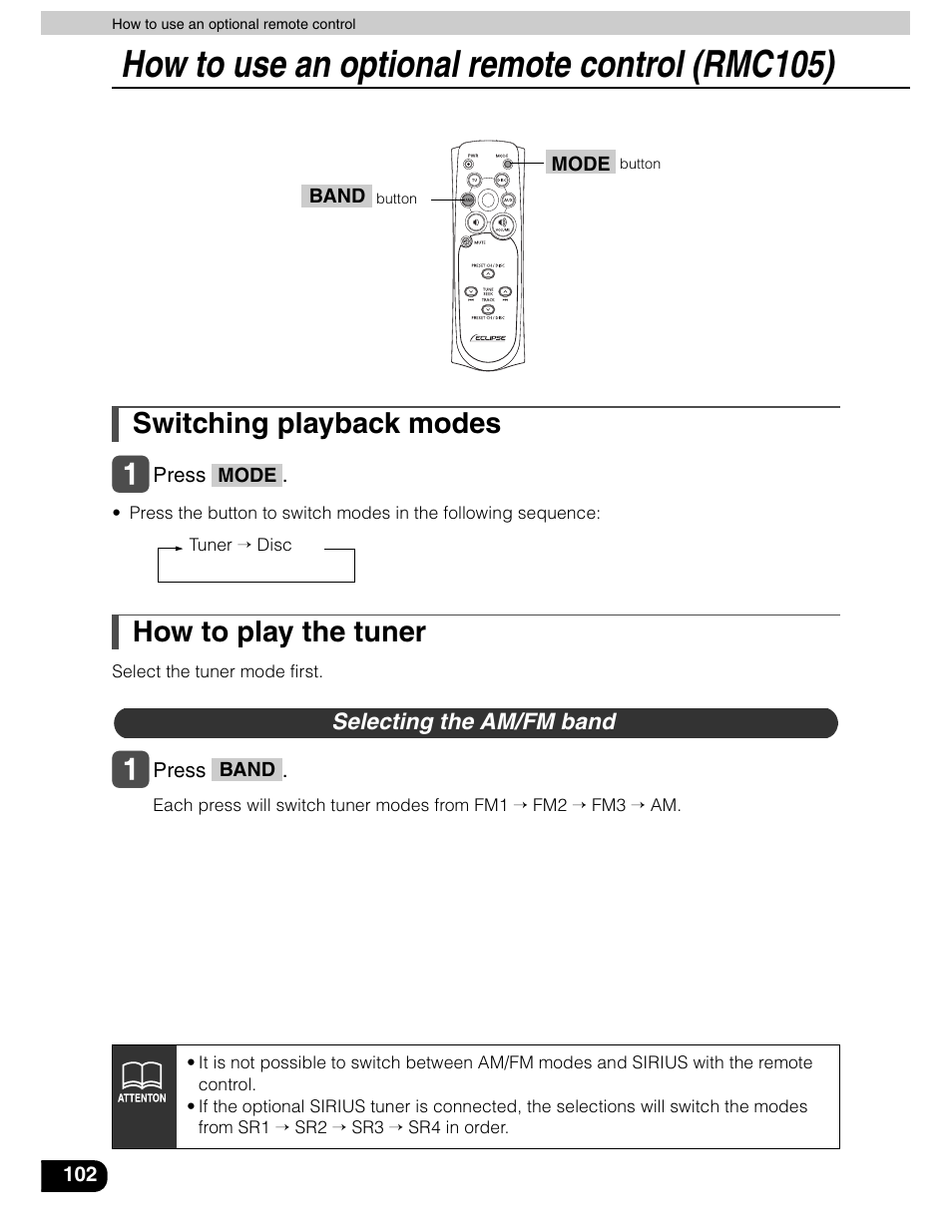How to use an optional remote control (rmc105), Switching playback modes, How to play the tuner | Eclipse - Fujitsu Ten AVN5435  EN User Manual | Page 103 / 122