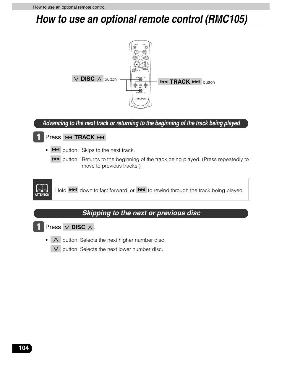 How to use an optional remote control (rmc105) | Eclipse - Fujitsu Ten AVN5435  EN User Manual | Page 105 / 122