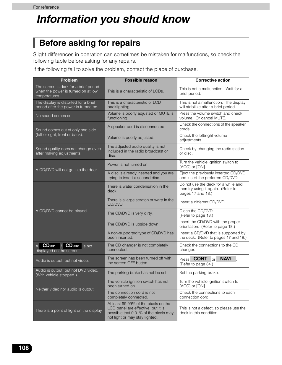 Information you should know, Before asking for repairs | Eclipse - Fujitsu Ten AVN5435  EN User Manual | Page 109 / 122