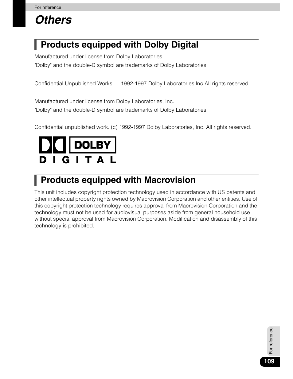 Others, Products equipped with dolby digital, Products equipped with macrovision | Eclipse - Fujitsu Ten AVN5435  EN User Manual | Page 110 / 122