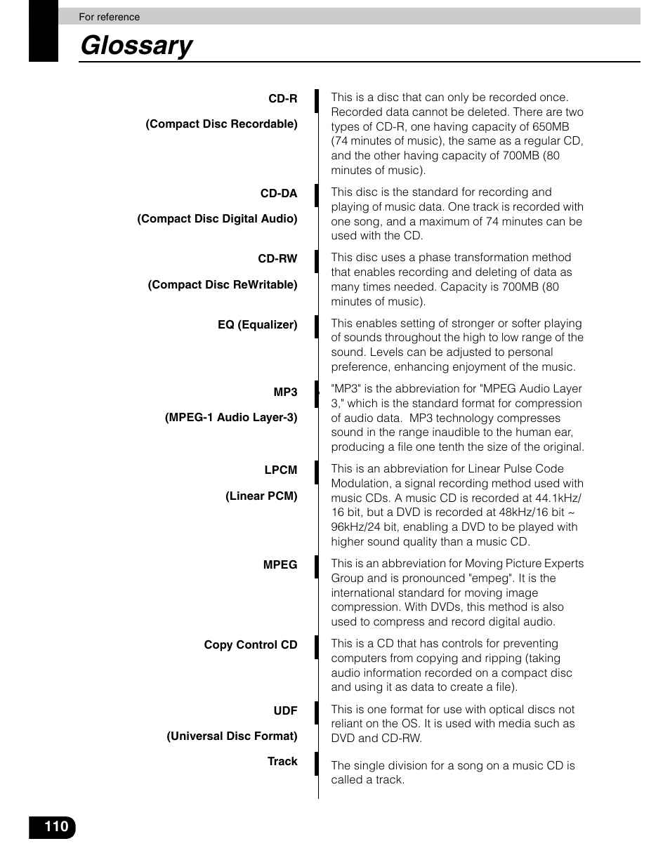 Glossary | Eclipse - Fujitsu Ten AVN5435  EN User Manual | Page 111 / 122