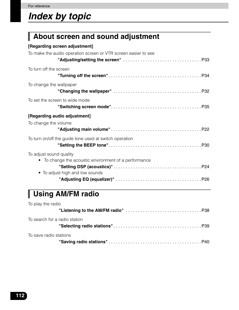 Index by topic, About screen and sound adjustment, Using am/fm radio | Eclipse - Fujitsu Ten AVN5435  EN User Manual | Page 113 / 122