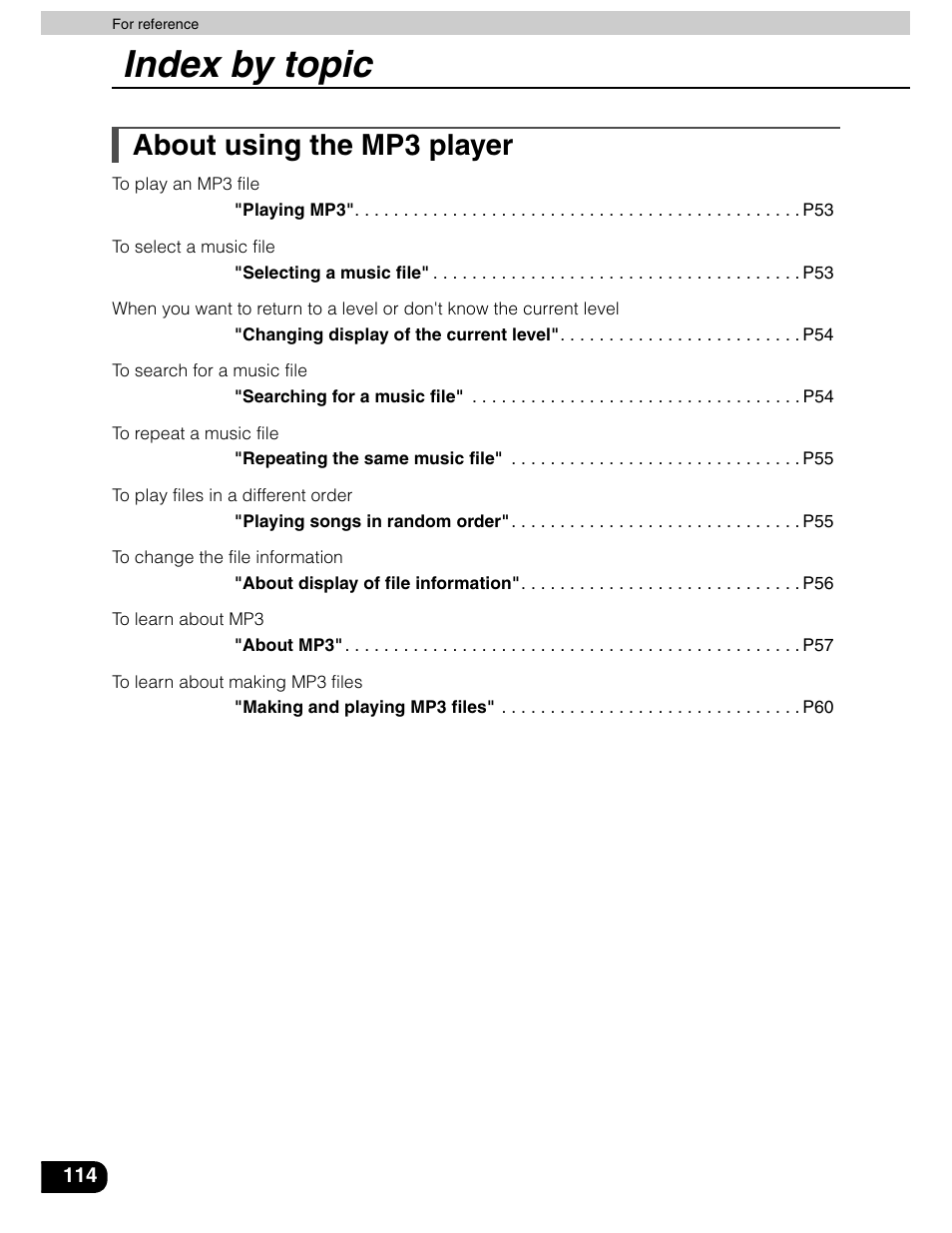 Index by topic, About using the mp3 player | Eclipse - Fujitsu Ten AVN5435  EN User Manual | Page 115 / 122