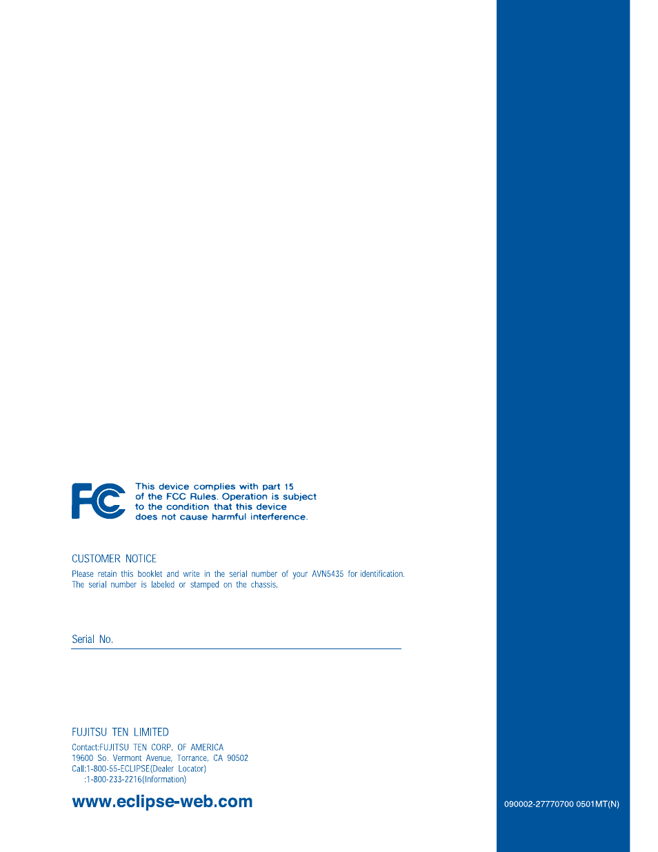 Eclipse - Fujitsu Ten AVN5435  EN User Manual | Page 122 / 122