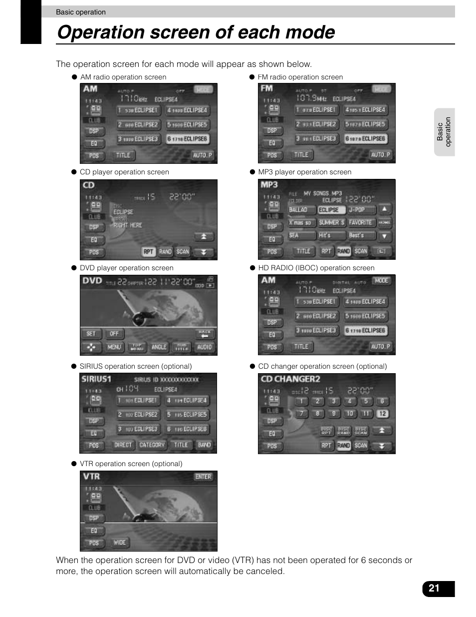 Operation screen of each mode | Eclipse - Fujitsu Ten AVN5435  EN User Manual | Page 22 / 122