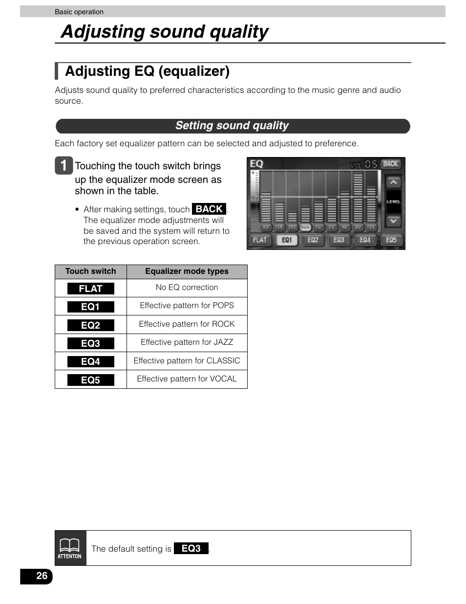 Adjusting sound quality, Adjusting eq (equalizer) | Eclipse - Fujitsu Ten AVN5435  EN User Manual | Page 27 / 122