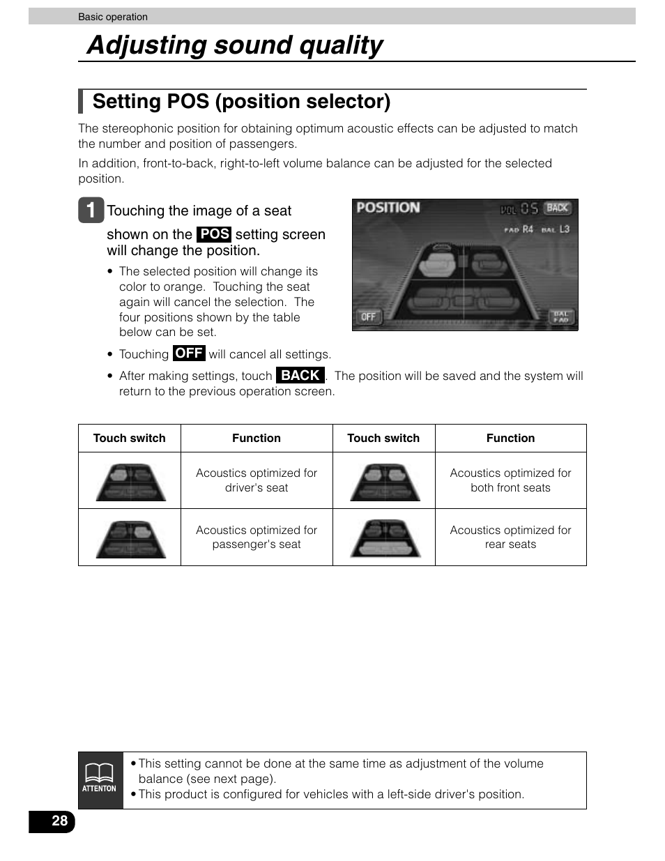 Adjusting sound quality, Setting pos (position selector) | Eclipse - Fujitsu Ten AVN5435  EN User Manual | Page 29 / 122