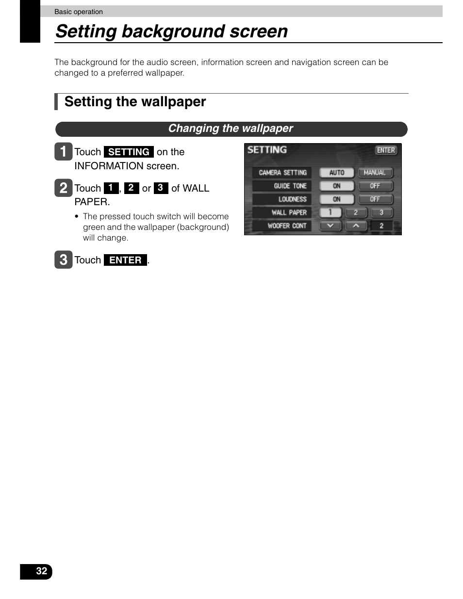 Setting background screen, Setting the wallpaper | Eclipse - Fujitsu Ten AVN5435  EN User Manual | Page 33 / 122