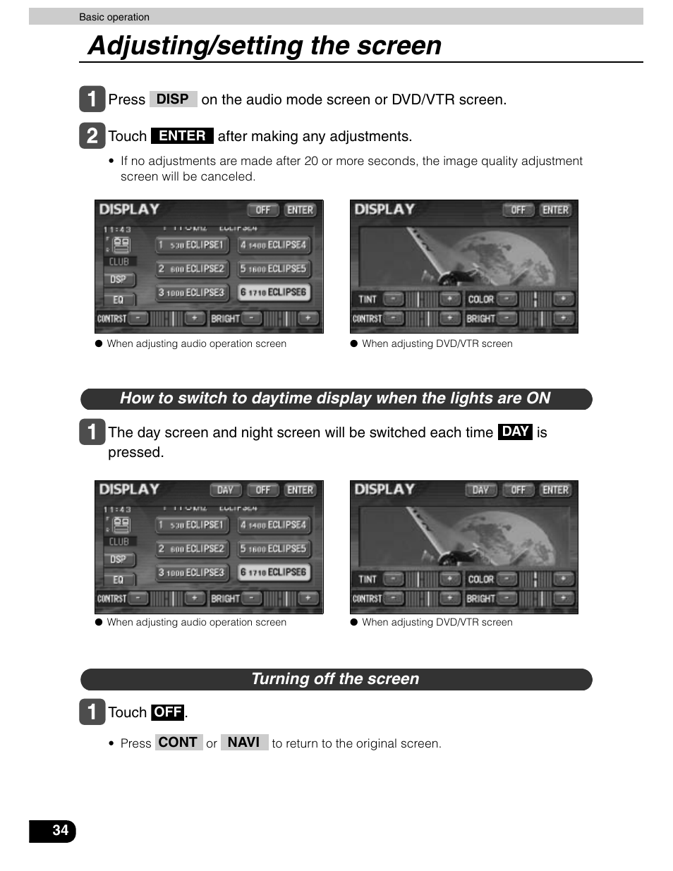 Adjusting/setting the screen | Eclipse - Fujitsu Ten AVN5435  EN User Manual | Page 35 / 122