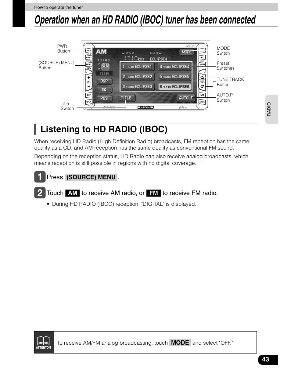 Listening to hd radio (iboc) | Eclipse - Fujitsu Ten AVN5435  EN User Manual | Page 44 / 122