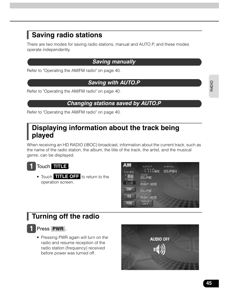Saving radio stations, Turning off the radio | Eclipse - Fujitsu Ten AVN5435  EN User Manual | Page 46 / 122