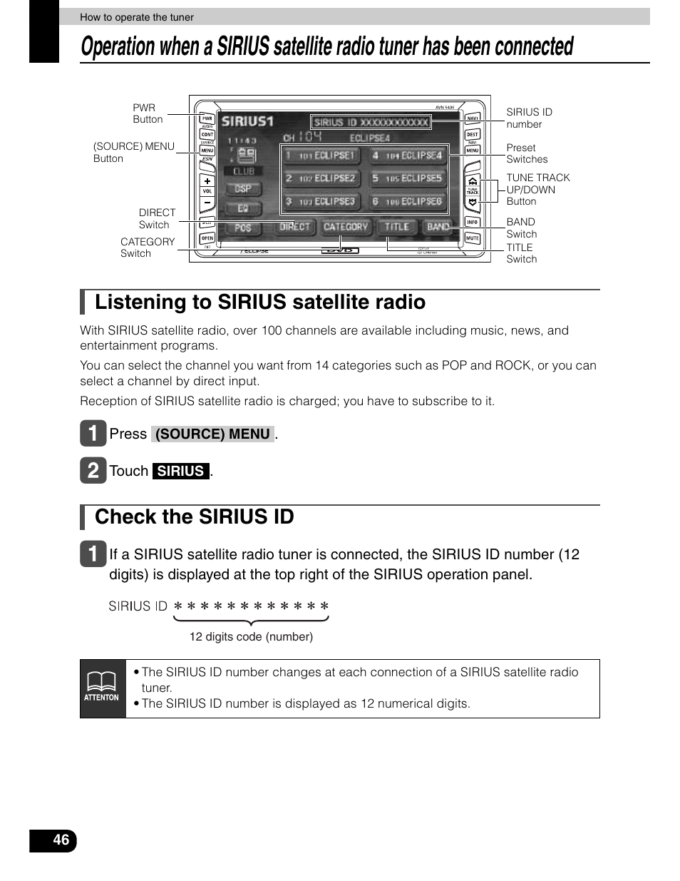 Listening to sirius satellite radio, Check the sirius id | Eclipse - Fujitsu Ten AVN5435  EN User Manual | Page 47 / 122
