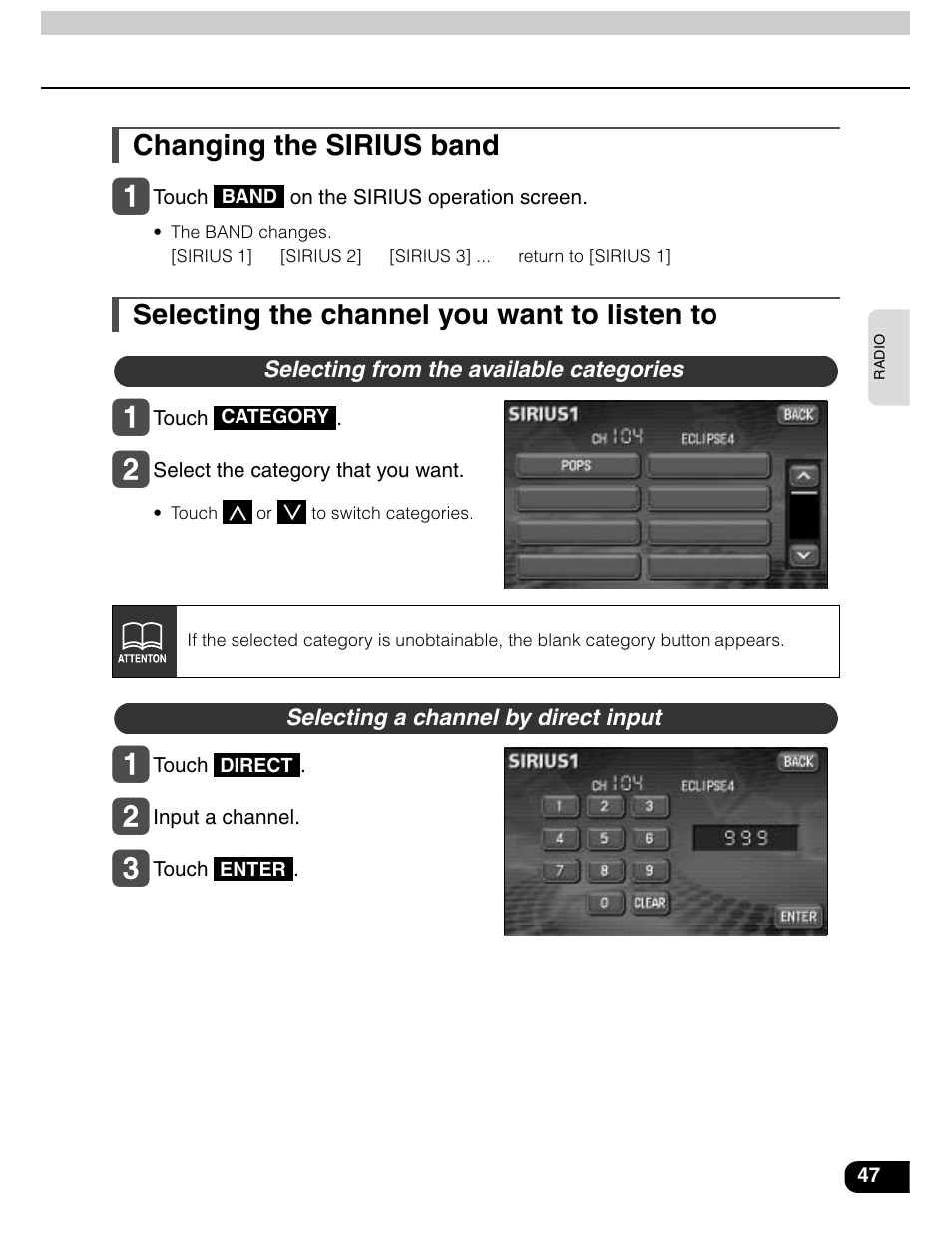 Changing the sirius band, Selecting the channel you want to listen to | Eclipse - Fujitsu Ten AVN5435  EN User Manual | Page 48 / 122