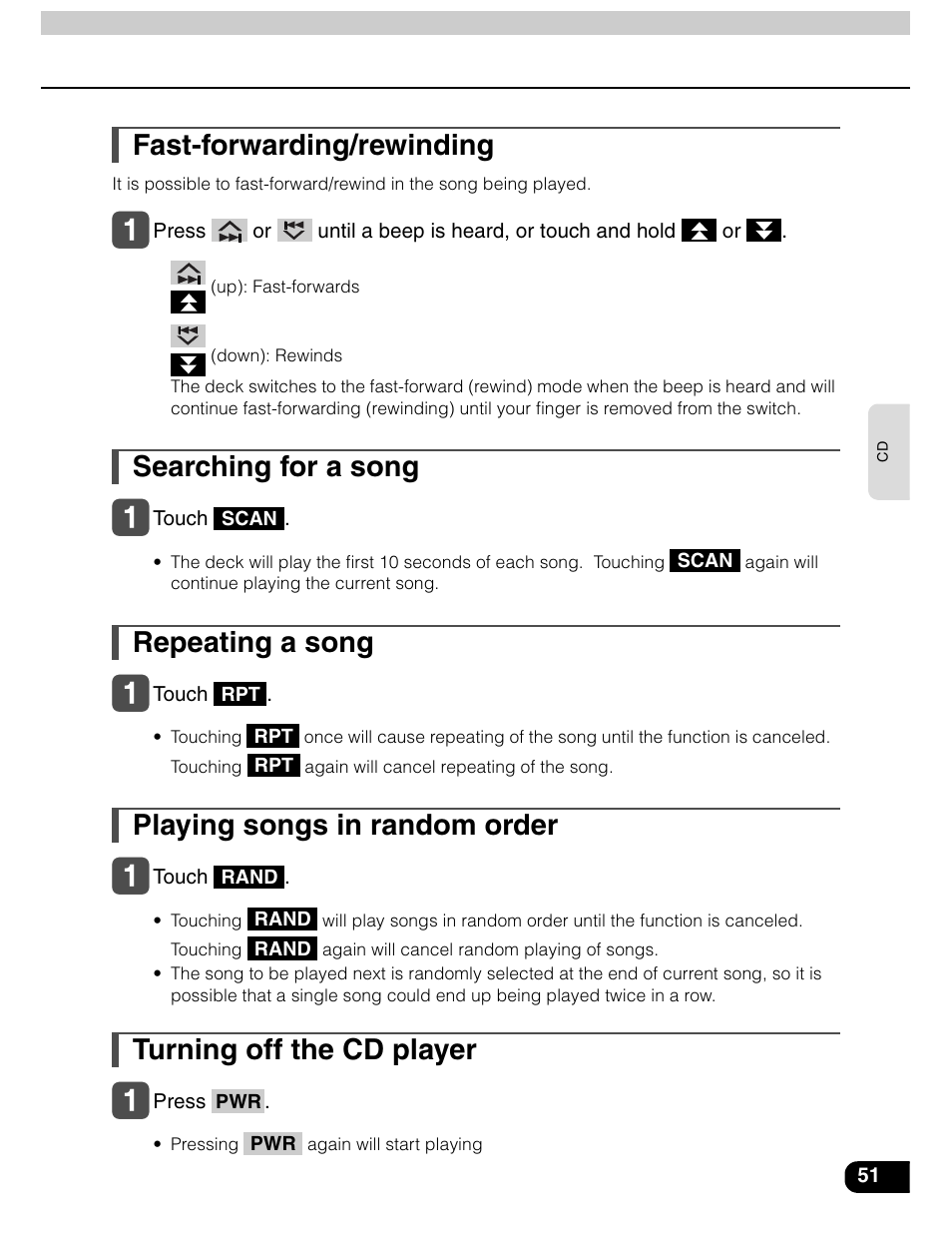 Fast-forwarding/rewinding, Searching for a song, Repeating a song | Playing songs in random order, Turning off the cd player | Eclipse - Fujitsu Ten AVN5435  EN User Manual | Page 52 / 122