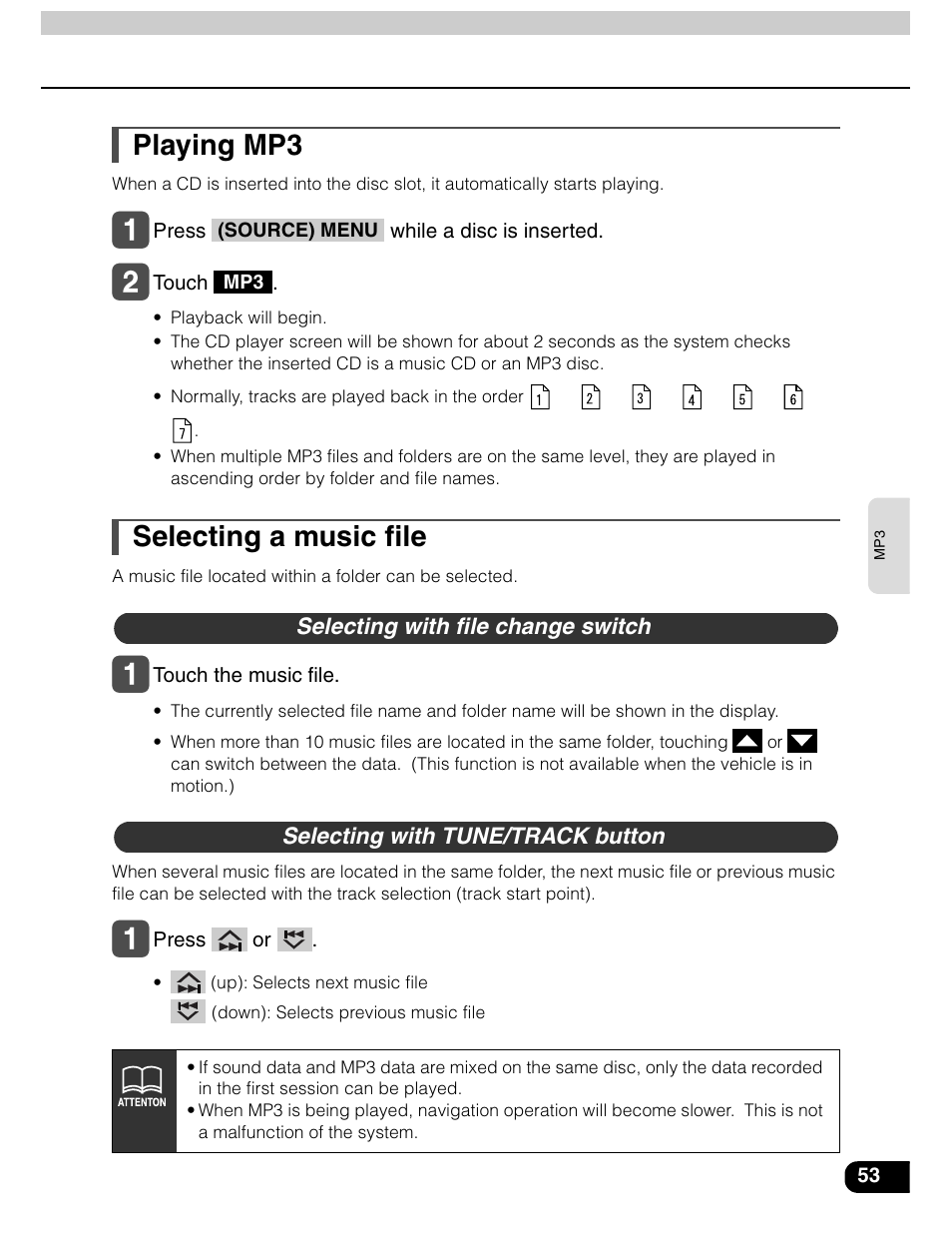 Playing mp3, Selecting a music file | Eclipse - Fujitsu Ten AVN5435  EN User Manual | Page 54 / 122