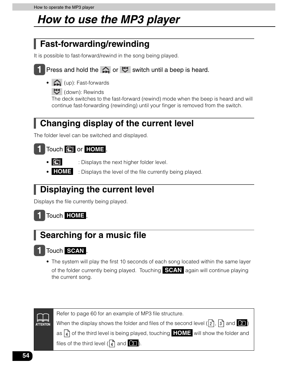 How to use the mp3 player, Fast-forwarding/rewinding, Changing display of the current level | Displaying the current level, Searching for a music file | Eclipse - Fujitsu Ten AVN5435  EN User Manual | Page 55 / 122