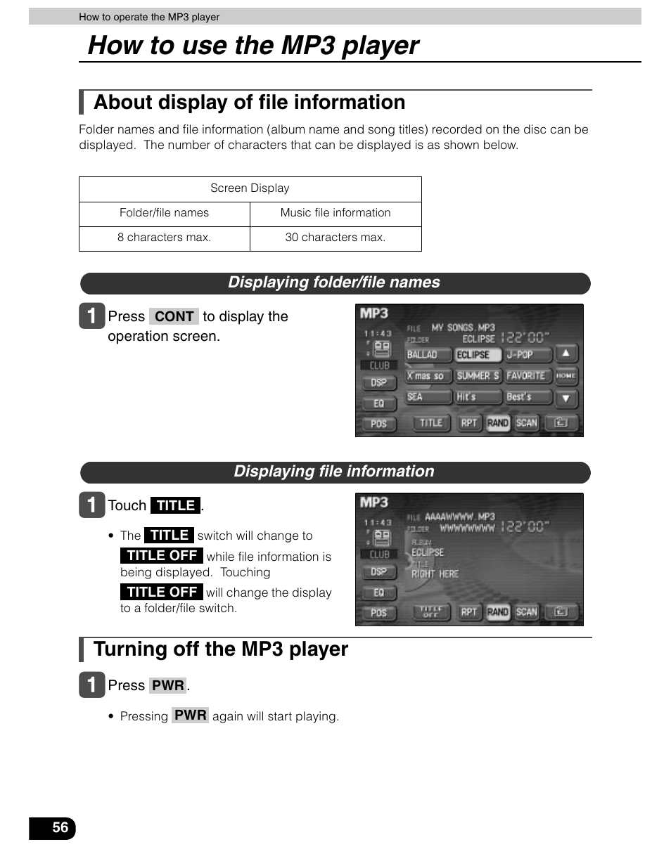 How to use the mp3 player, About display of file information, Turning off the mp3 player | Eclipse - Fujitsu Ten AVN5435  EN User Manual | Page 57 / 122