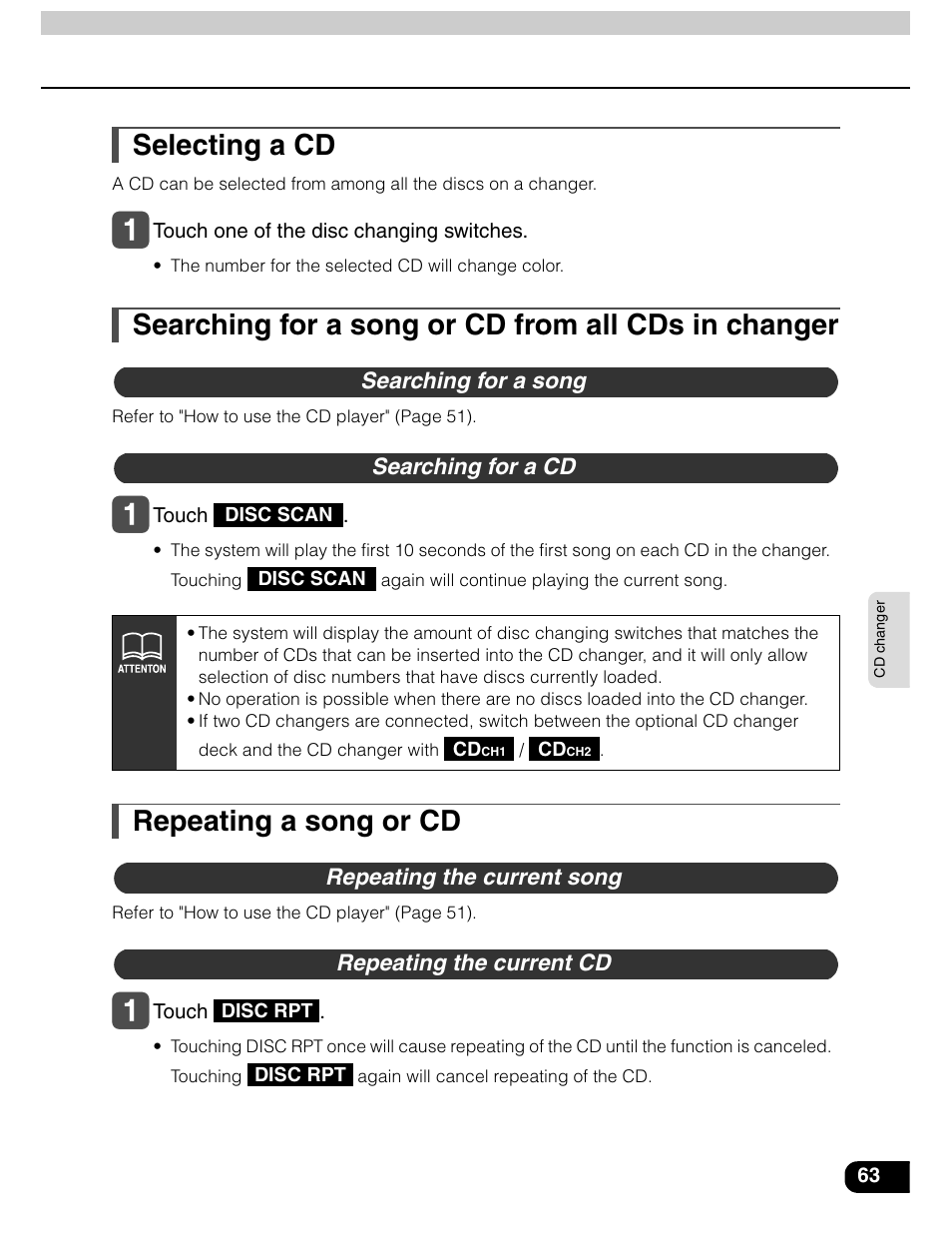 Selecting a cd, Searching for a song or cd from all cds in changer, Repeating a song or cd | Eclipse - Fujitsu Ten AVN5435  EN User Manual | Page 64 / 122