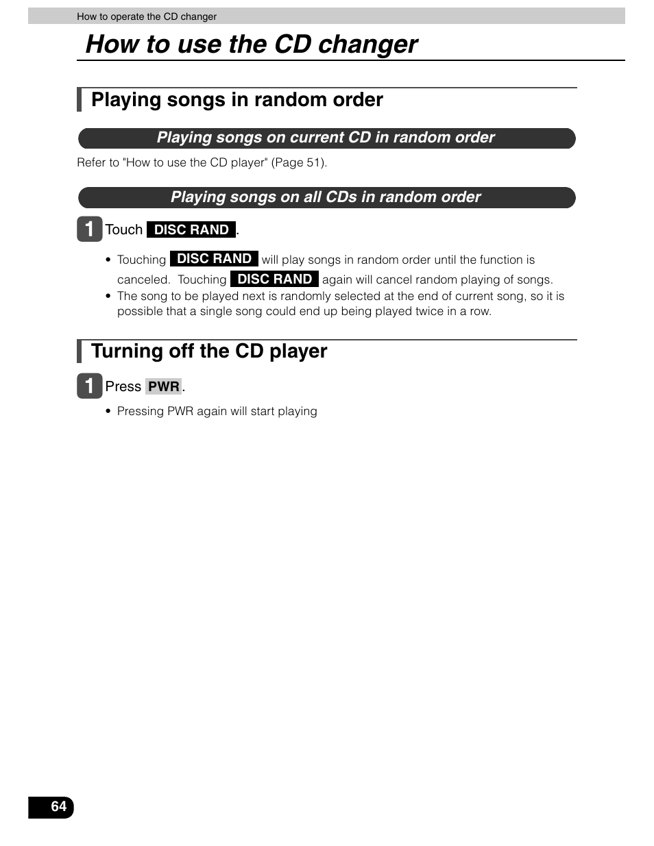 How to use the cd changer, Playing songs in random order, Turning off the cd player | Eclipse - Fujitsu Ten AVN5435  EN User Manual | Page 65 / 122