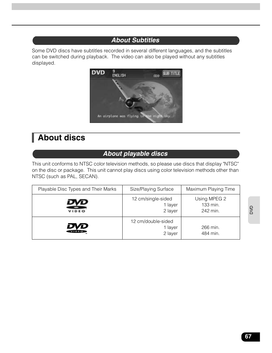 About discs, About subtitles about playable discs | Eclipse - Fujitsu Ten AVN5435  EN User Manual | Page 68 / 122