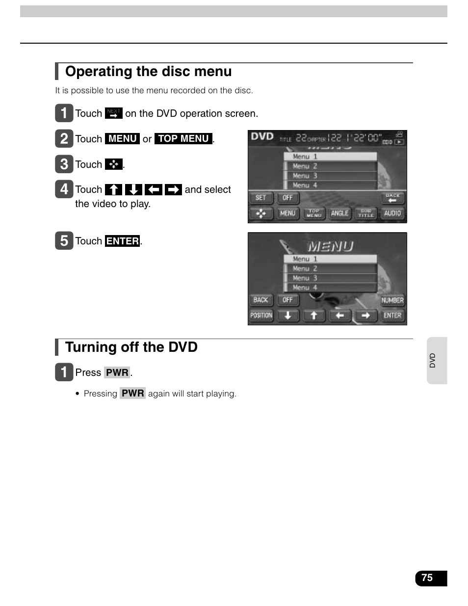 Operating the disc menu, Turning off the dvd | Eclipse - Fujitsu Ten AVN5435  EN User Manual | Page 76 / 122