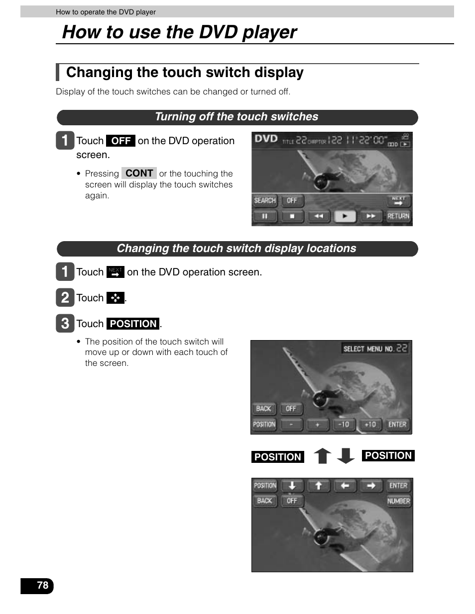 How to use the dvd player, Changing the touch switch display | Eclipse - Fujitsu Ten AVN5435  EN User Manual | Page 79 / 122