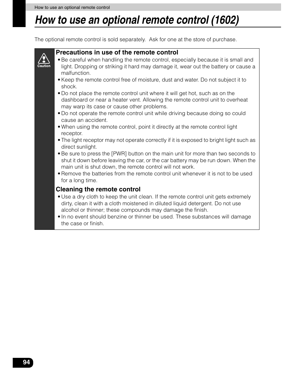 How to use an optional remote control (1602) | Eclipse - Fujitsu Ten AVN5435  EN User Manual | Page 95 / 122