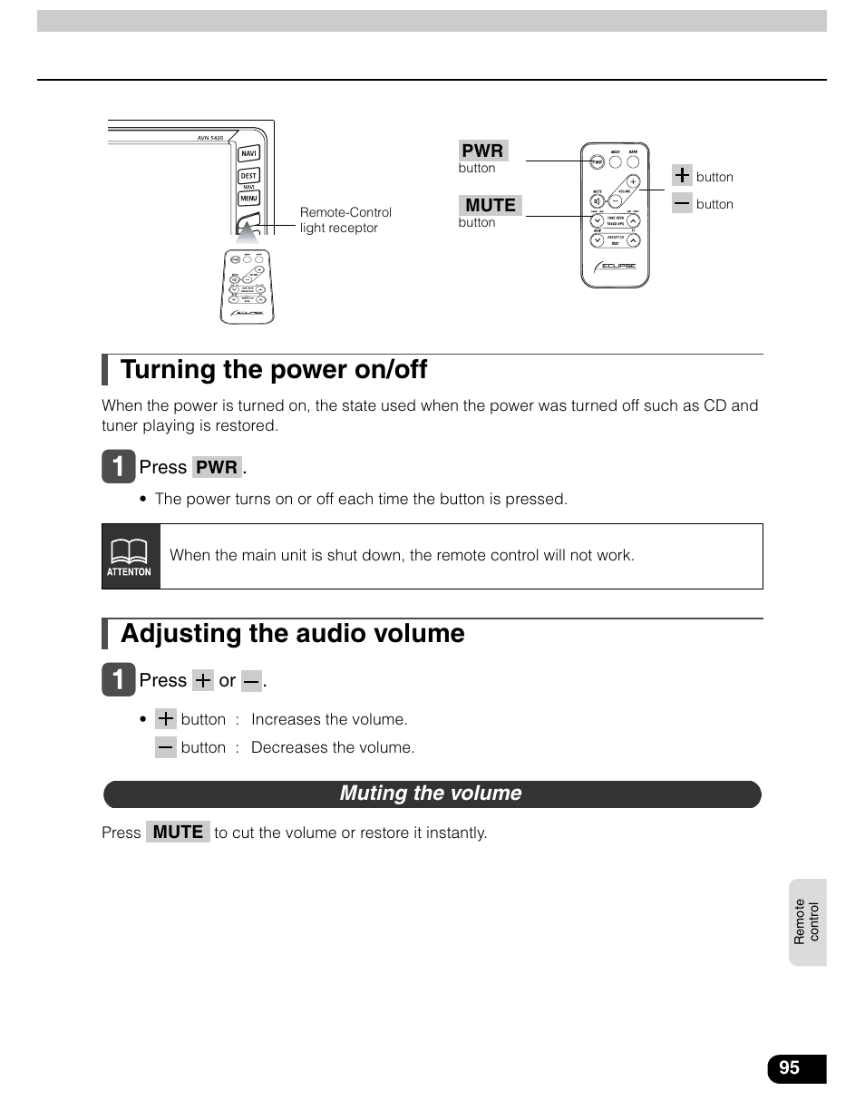 Turning the power on/off, Adjusting the audio volume | Eclipse - Fujitsu Ten AVN5435  EN User Manual | Page 96 / 122