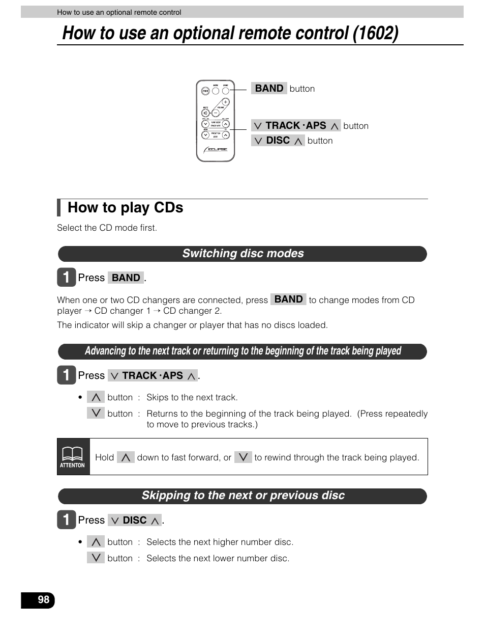 How to use an optional remote control (1602), How to play cds | Eclipse - Fujitsu Ten AVN5435  EN User Manual | Page 99 / 122