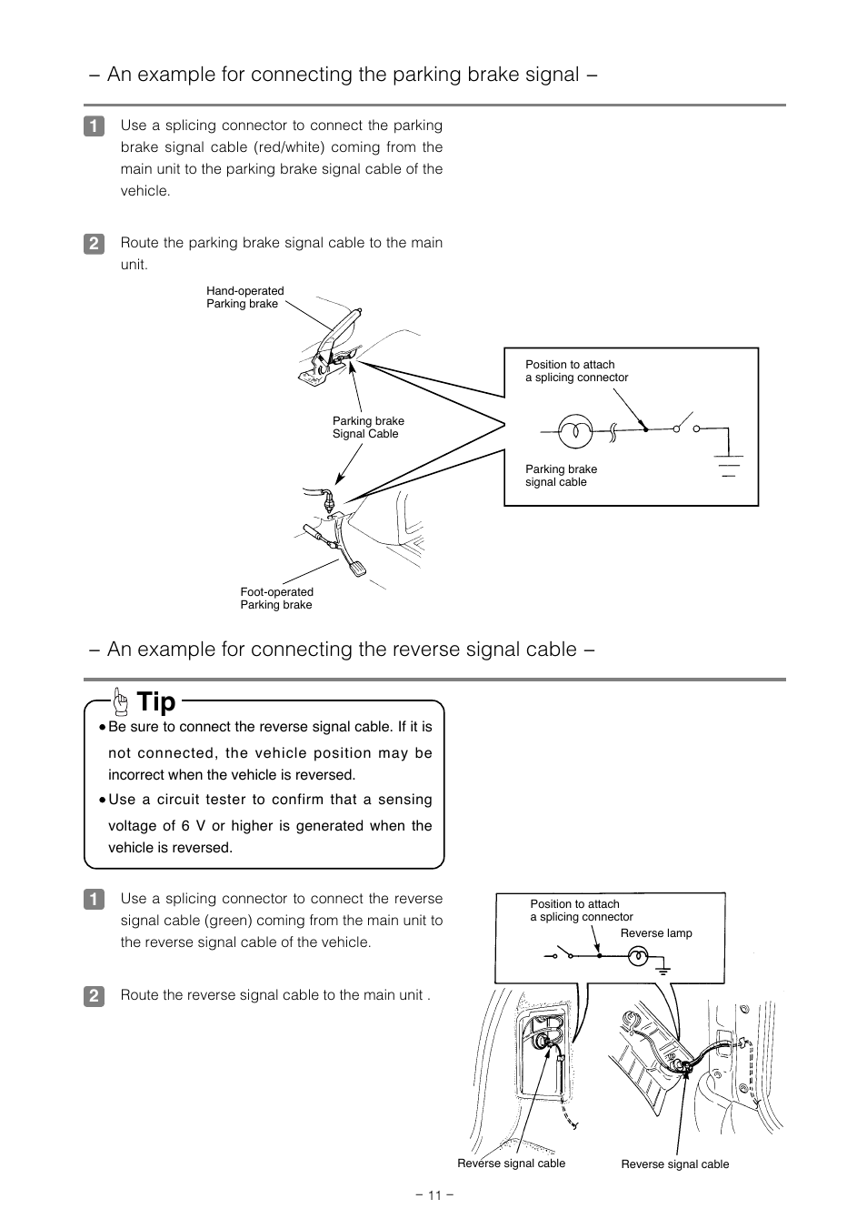 An example for connecting the parking brake signal, An example for connecting the reverse signal cable | Eclipse - Fujitsu Ten AVN5495  EN User Manual | Page 11 / 20