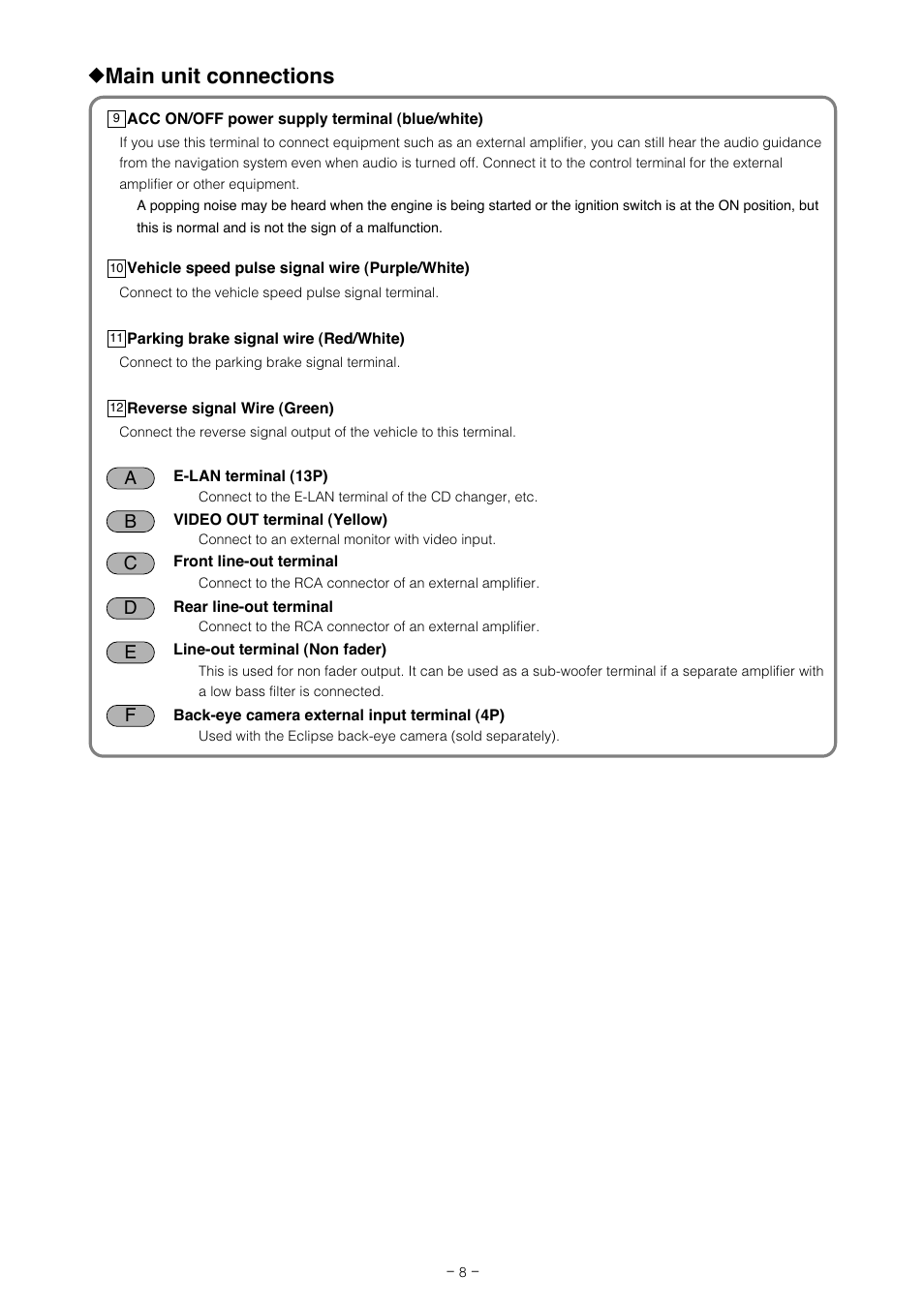 Main unit connections, Ab d e | Eclipse - Fujitsu Ten AVN5495  EN User Manual | Page 8 / 20