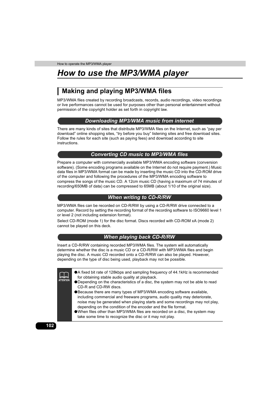 Making and playing mp3/wma files, Downloading mp3/wma music from internet, Converting cd music to mp3/wma files | When writing to cd-r/rw, When playing back cd-r/rw, How to use the mp3/wma player | Eclipse - Fujitsu Ten AVX5000 User Manual | Page 103 / 262