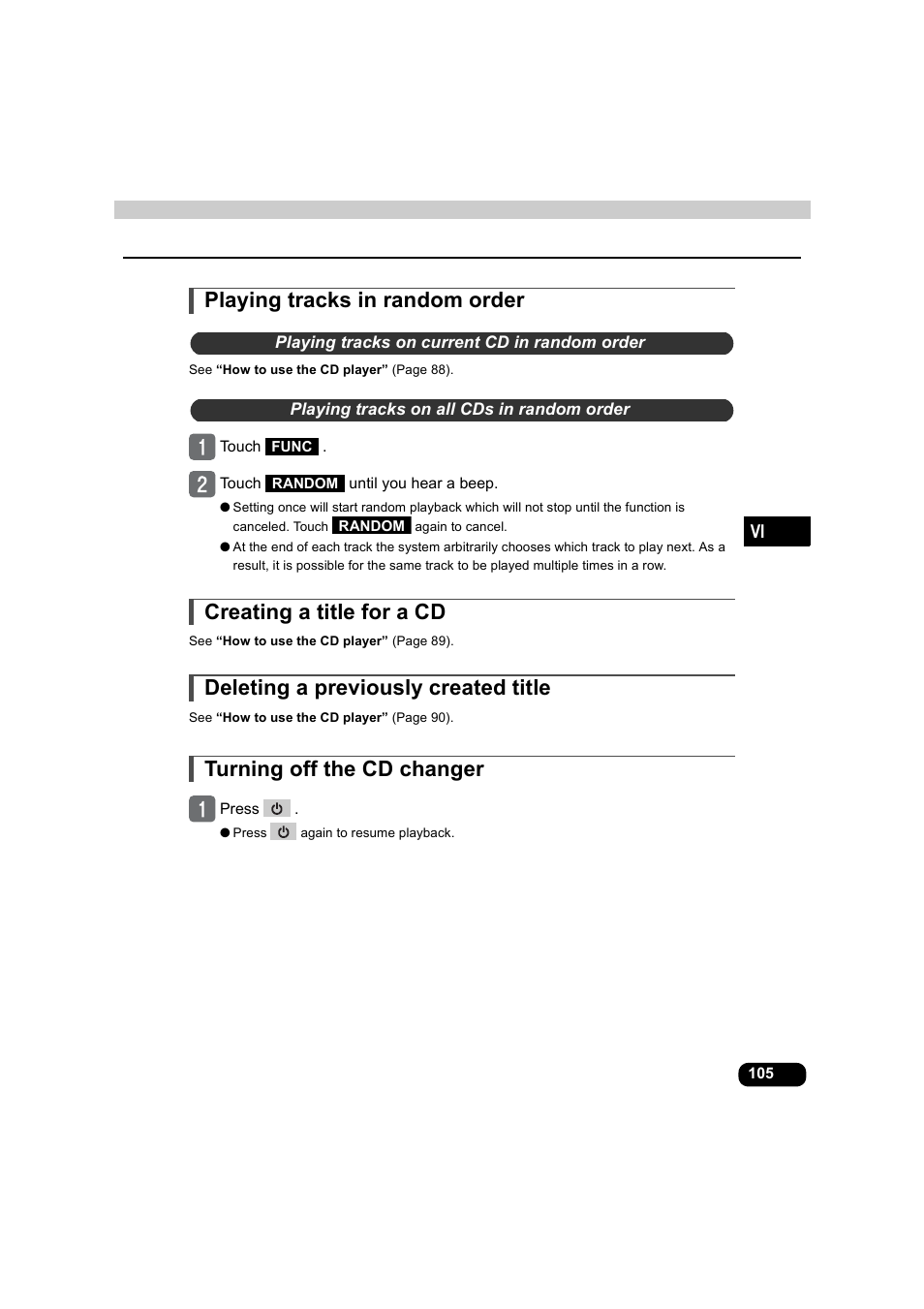 Playing tracks in random order, Playing tracks on current cd in random order, Playing tracks on all cds in random order | Creating a title for a cd, Deleting a previously created title, Turning off the cd changer | Eclipse - Fujitsu Ten AVX5000 User Manual | Page 106 / 262