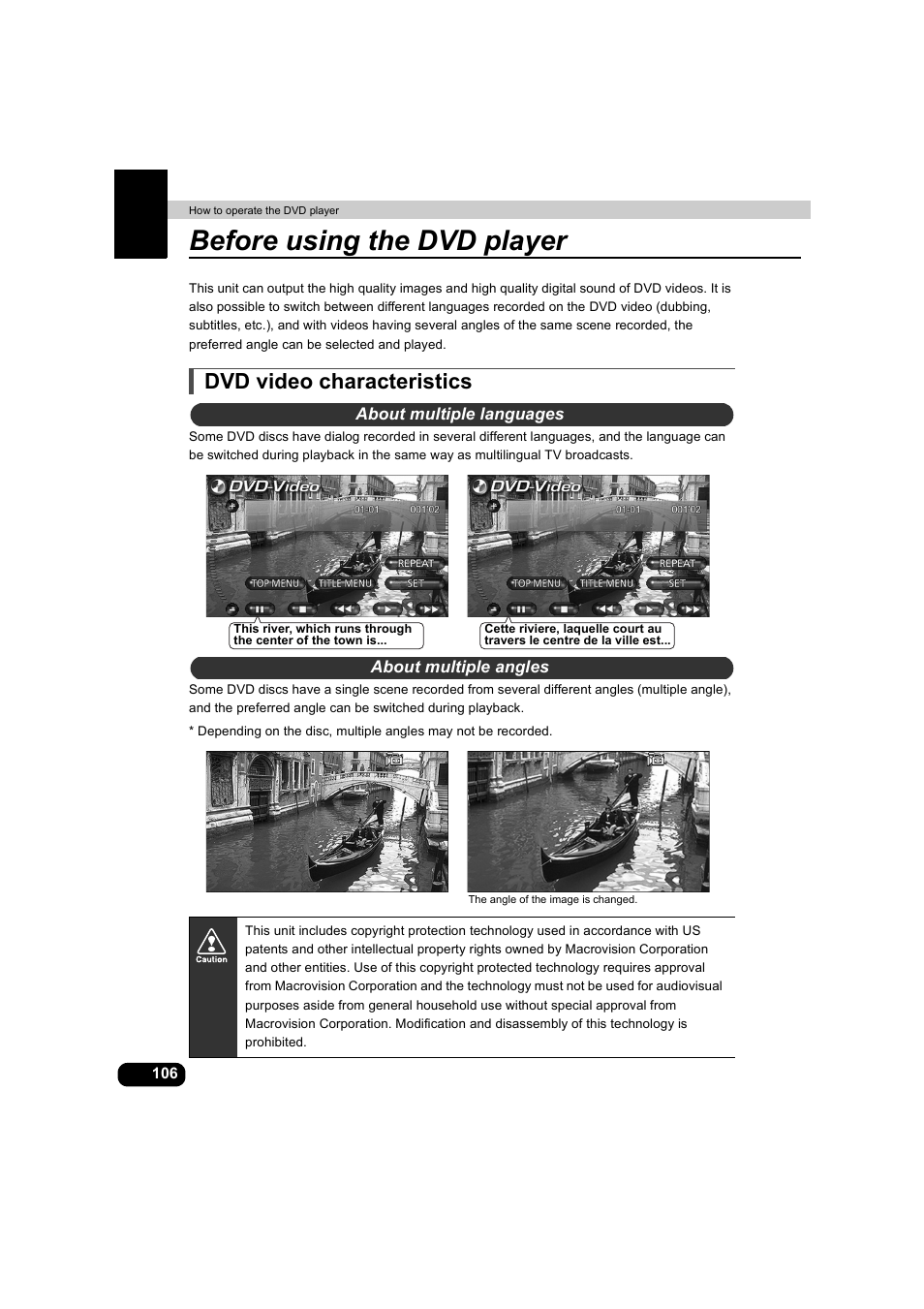 How to operate the dvd player, Before using the dvd player, Dvd video characteristics | About multiple languages, About multiple angles, About multiple languages about multiple angles | Eclipse - Fujitsu Ten AVX5000 User Manual | Page 107 / 262