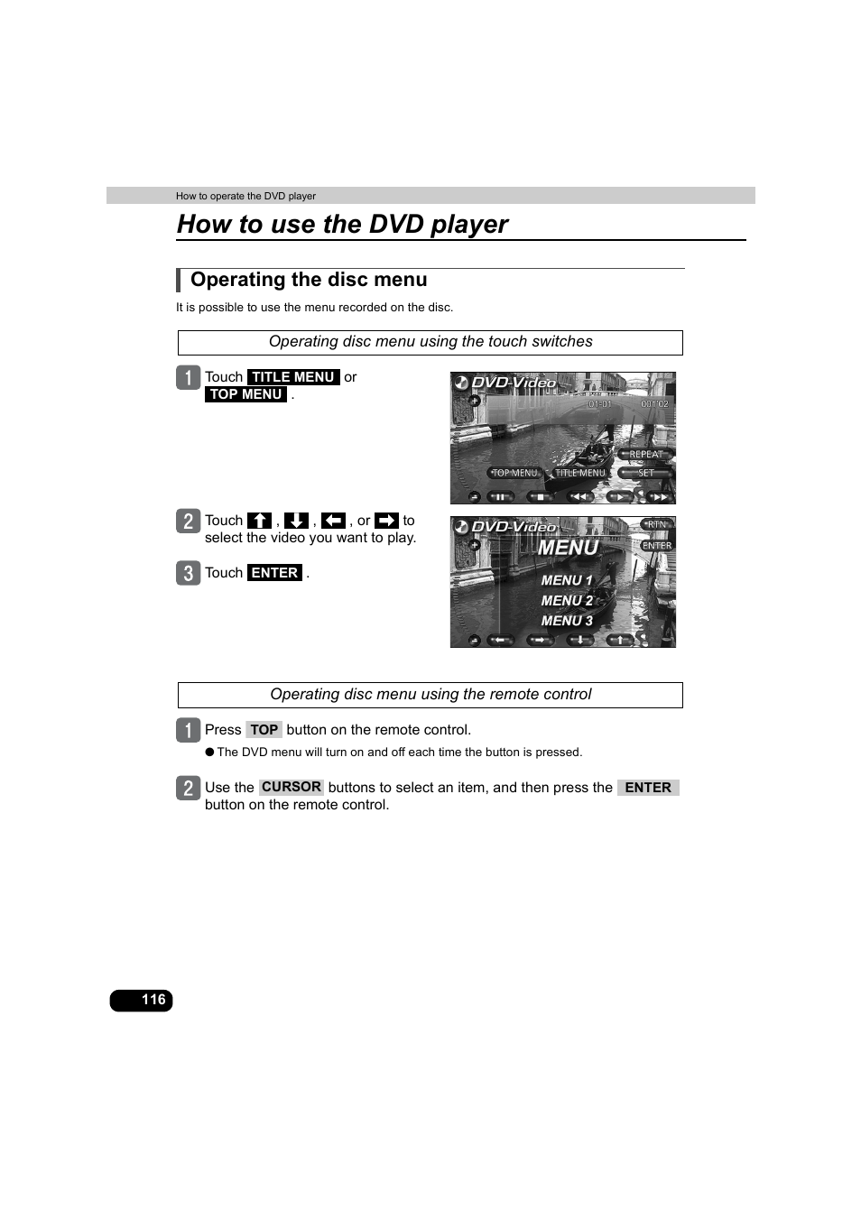 Operating the disc menu, Operating disc menu using the touch switches, Operating disc menu using the remote control | How to use the dvd player | Eclipse - Fujitsu Ten AVX5000 User Manual | Page 117 / 262