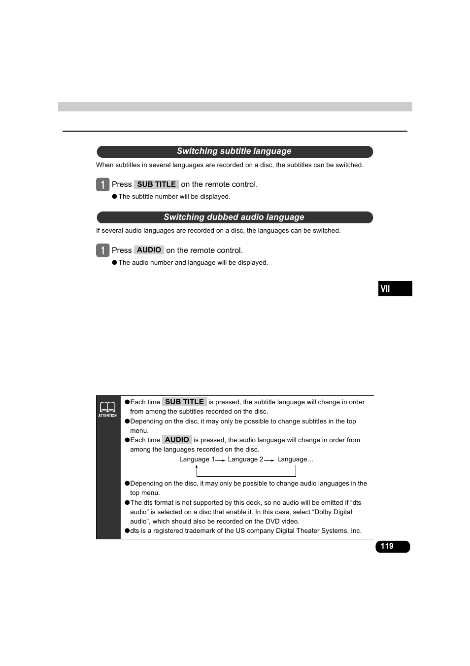 Switching subtitle language, Switching dubbed audio language | Eclipse - Fujitsu Ten AVX5000 User Manual | Page 120 / 262