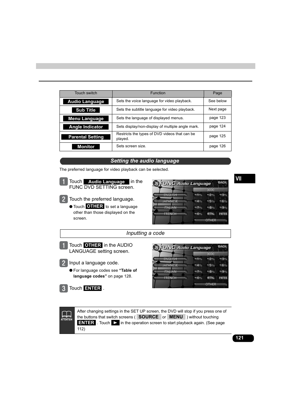 Setting the audio language, Inputting a code | Eclipse - Fujitsu Ten AVX5000 User Manual | Page 122 / 262