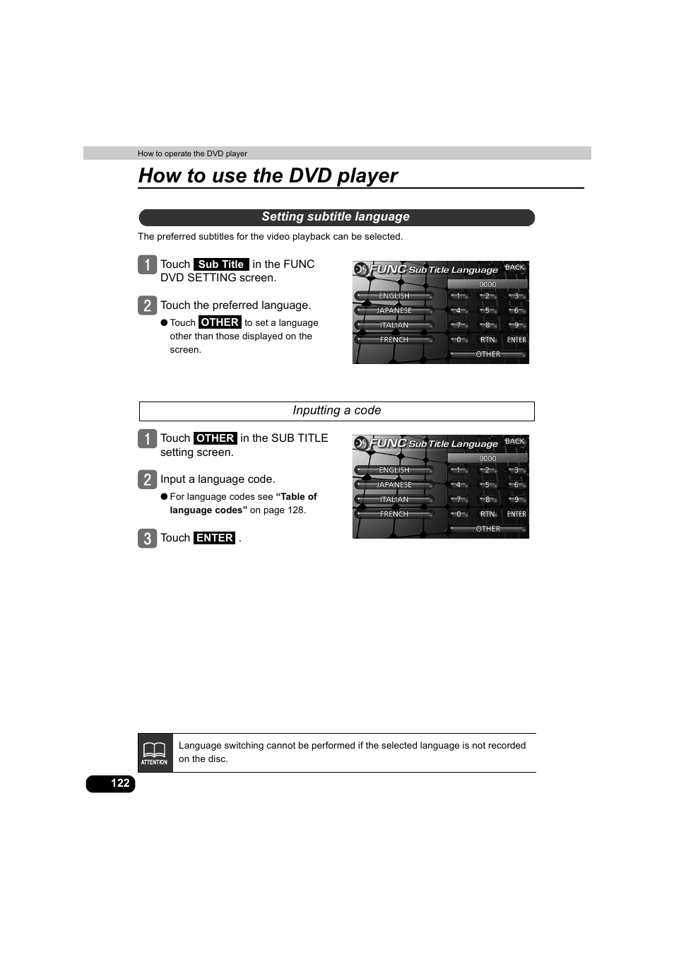 Setting subtitle language, Inputting a code, How to use the dvd player | Eclipse - Fujitsu Ten AVX5000 User Manual | Page 123 / 262