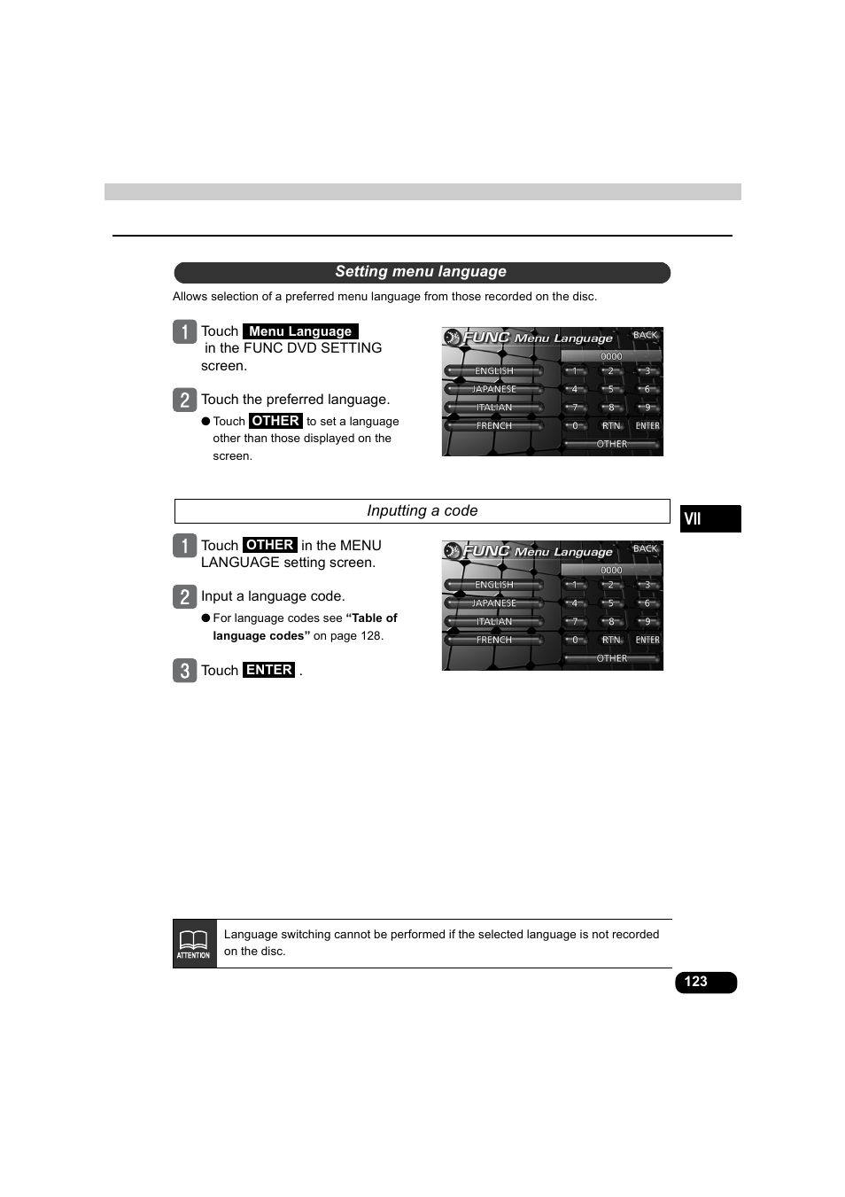 Setting menu language, Inputting a code | Eclipse - Fujitsu Ten AVX5000 User Manual | Page 124 / 262