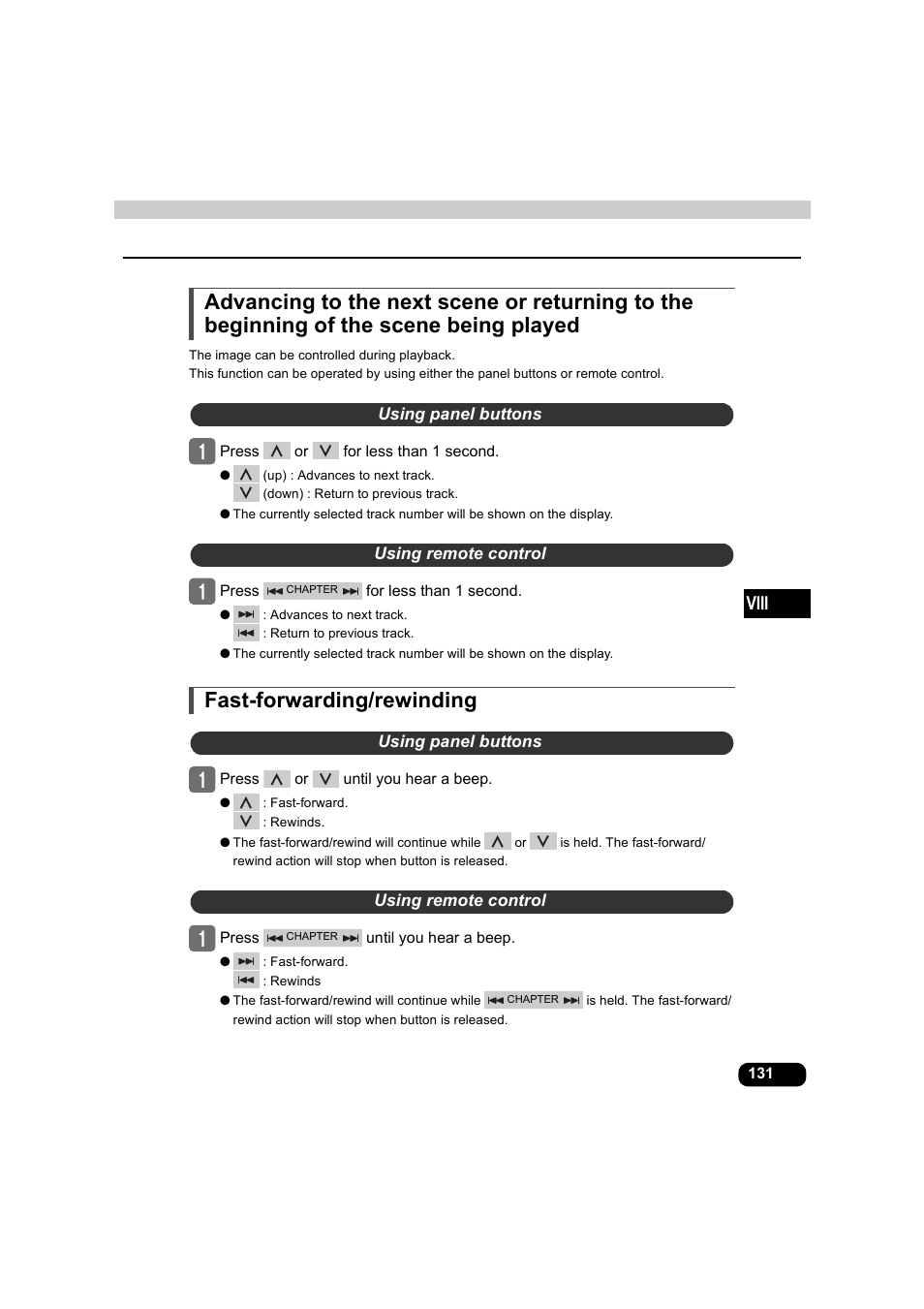 Using panel buttons, Using remote control, Fast-forwarding/rewinding | Using panel buttons using remote control | Eclipse - Fujitsu Ten AVX5000 User Manual | Page 132 / 262