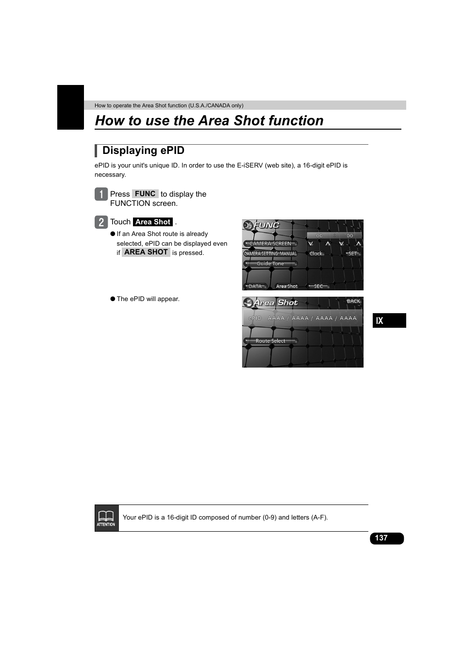 How to use the area shot function, Displaying epid | Eclipse - Fujitsu Ten AVX5000 User Manual | Page 138 / 262