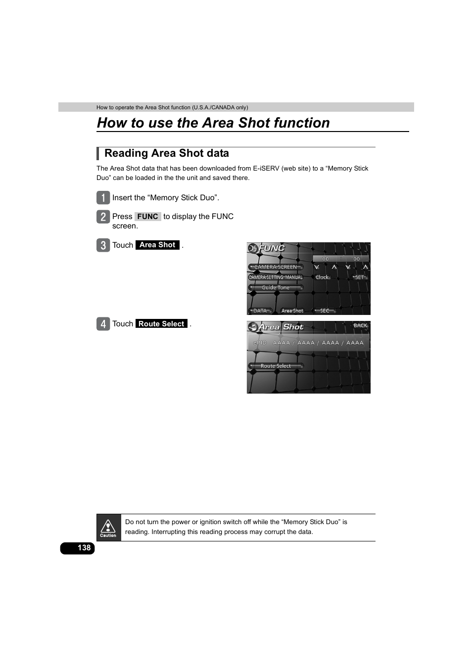 Reading area shot data, How to use the area shot function | Eclipse - Fujitsu Ten AVX5000 User Manual | Page 139 / 262