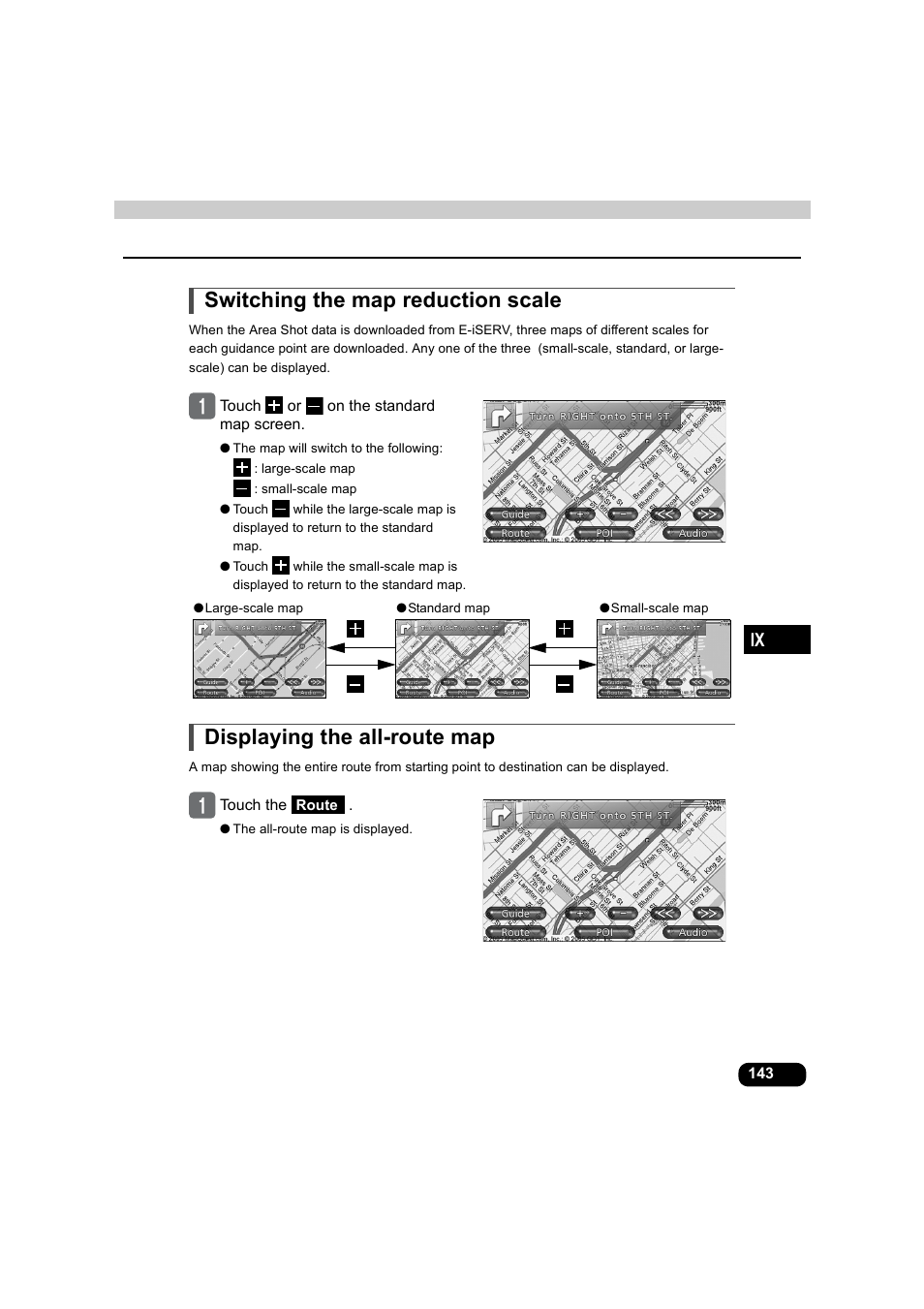 Switching the map reduction scale, Displaying the all-route map | Eclipse - Fujitsu Ten AVX5000 User Manual | Page 144 / 262