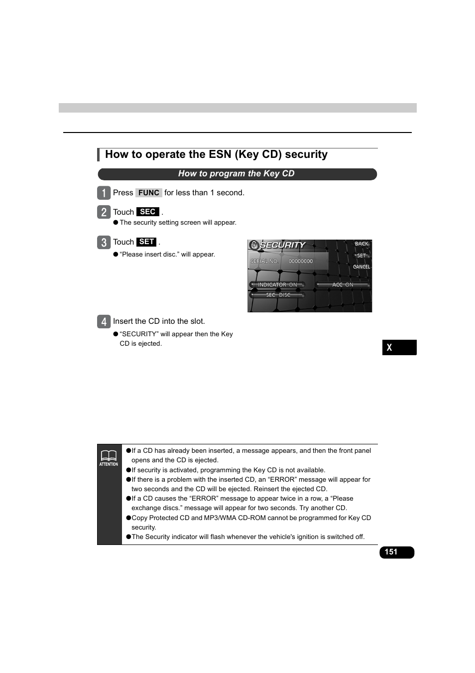 How to operate the esn (key cd) security, How to program the key cd | Eclipse - Fujitsu Ten AVX5000 User Manual | Page 152 / 262