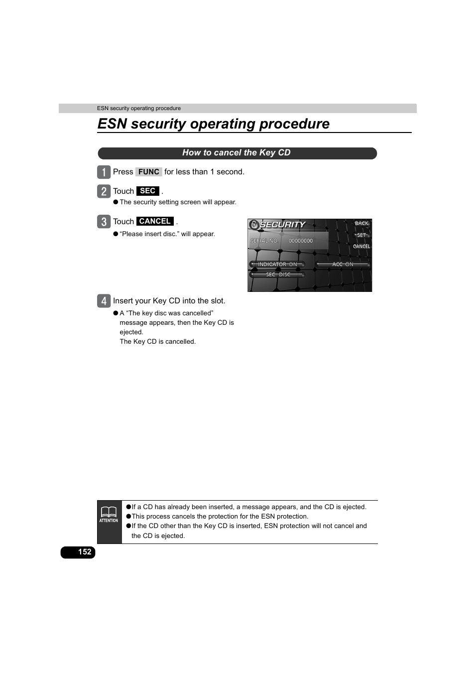 How to cancel the key cd, Esn security operating procedure | Eclipse - Fujitsu Ten AVX5000 User Manual | Page 153 / 262