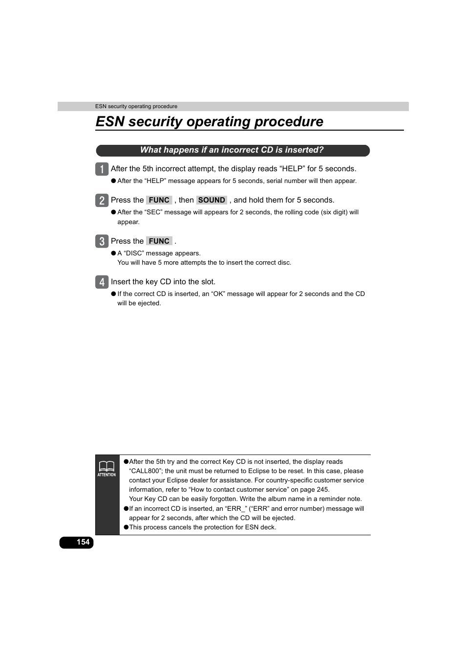 What happens if an incorrect cd is inserted, Esn security operating procedure | Eclipse - Fujitsu Ten AVX5000 User Manual | Page 155 / 262