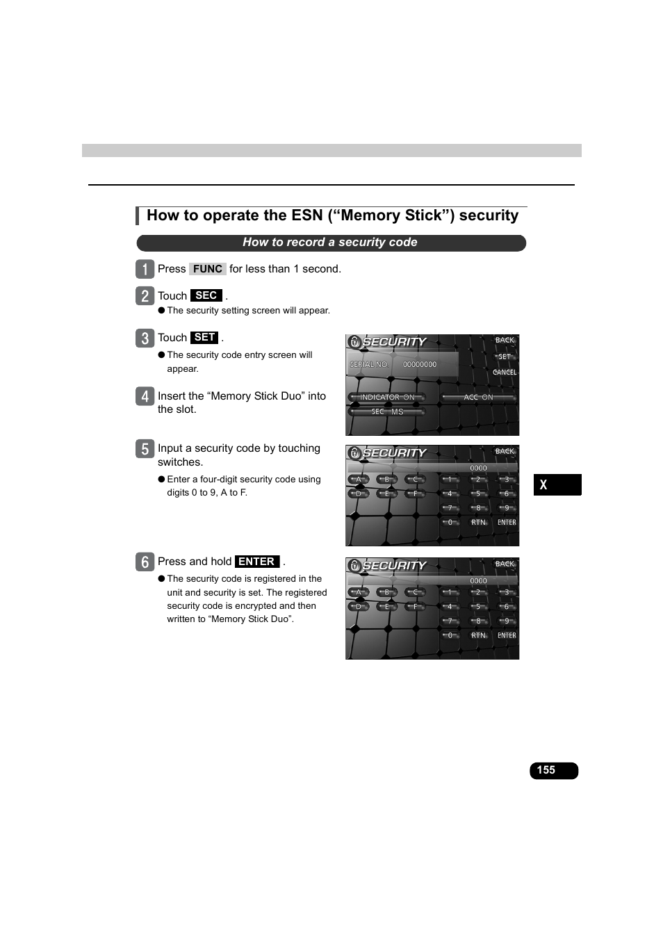 How to operate the esn (“memory stick”) security, How to record a security code | Eclipse - Fujitsu Ten AVX5000 User Manual | Page 156 / 262