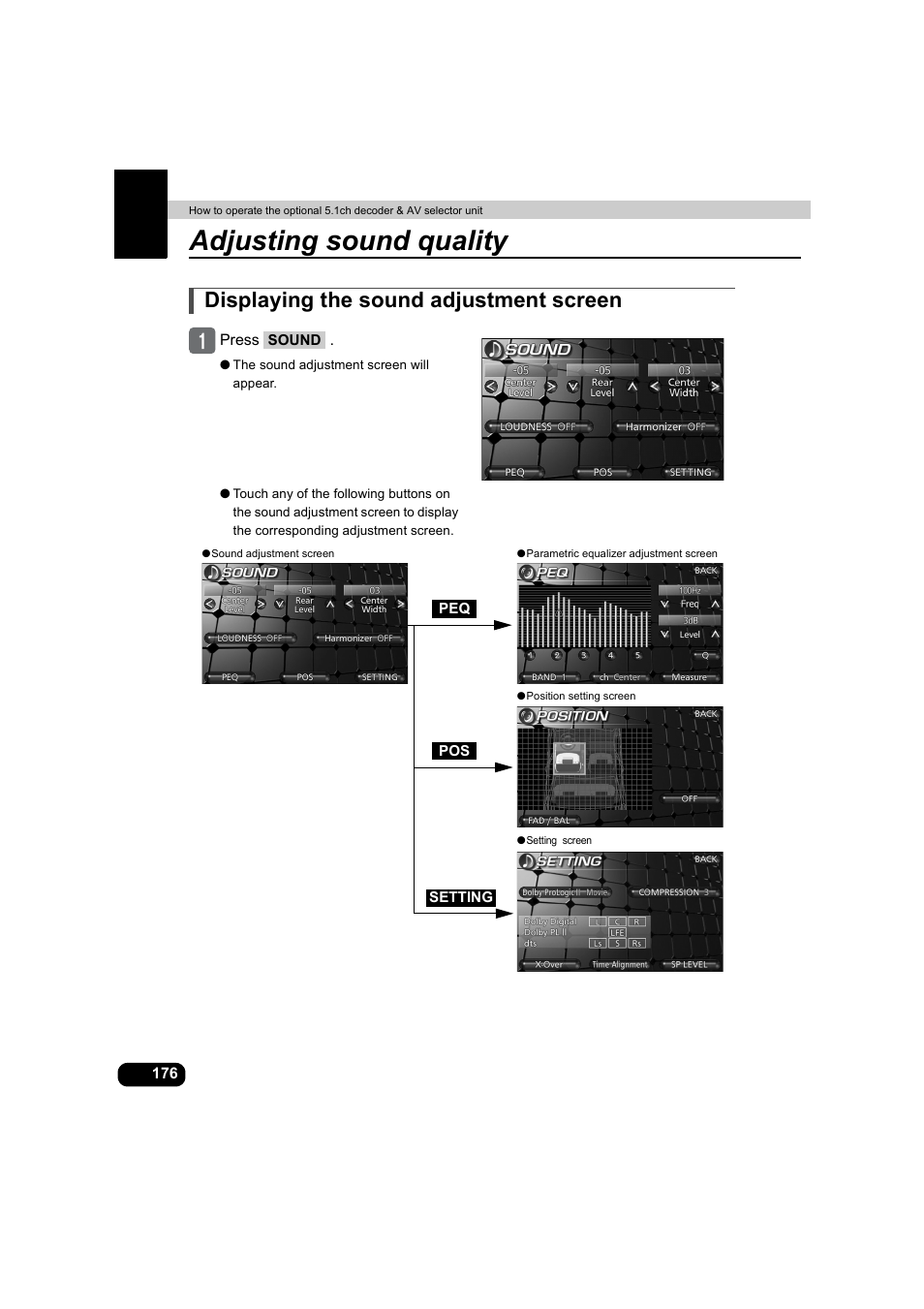 Adjusting sound quality, Displaying the sound adjustment screen | Eclipse - Fujitsu Ten AVX5000 User Manual | Page 177 / 262