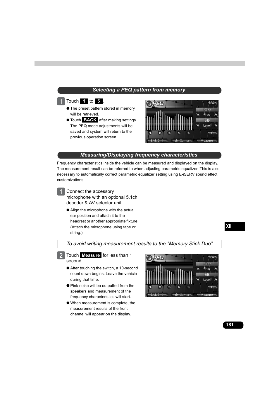 Selecting a peq pattern from memory, Measuring/displaying frequency characteristics | Eclipse - Fujitsu Ten AVX5000 User Manual | Page 182 / 262