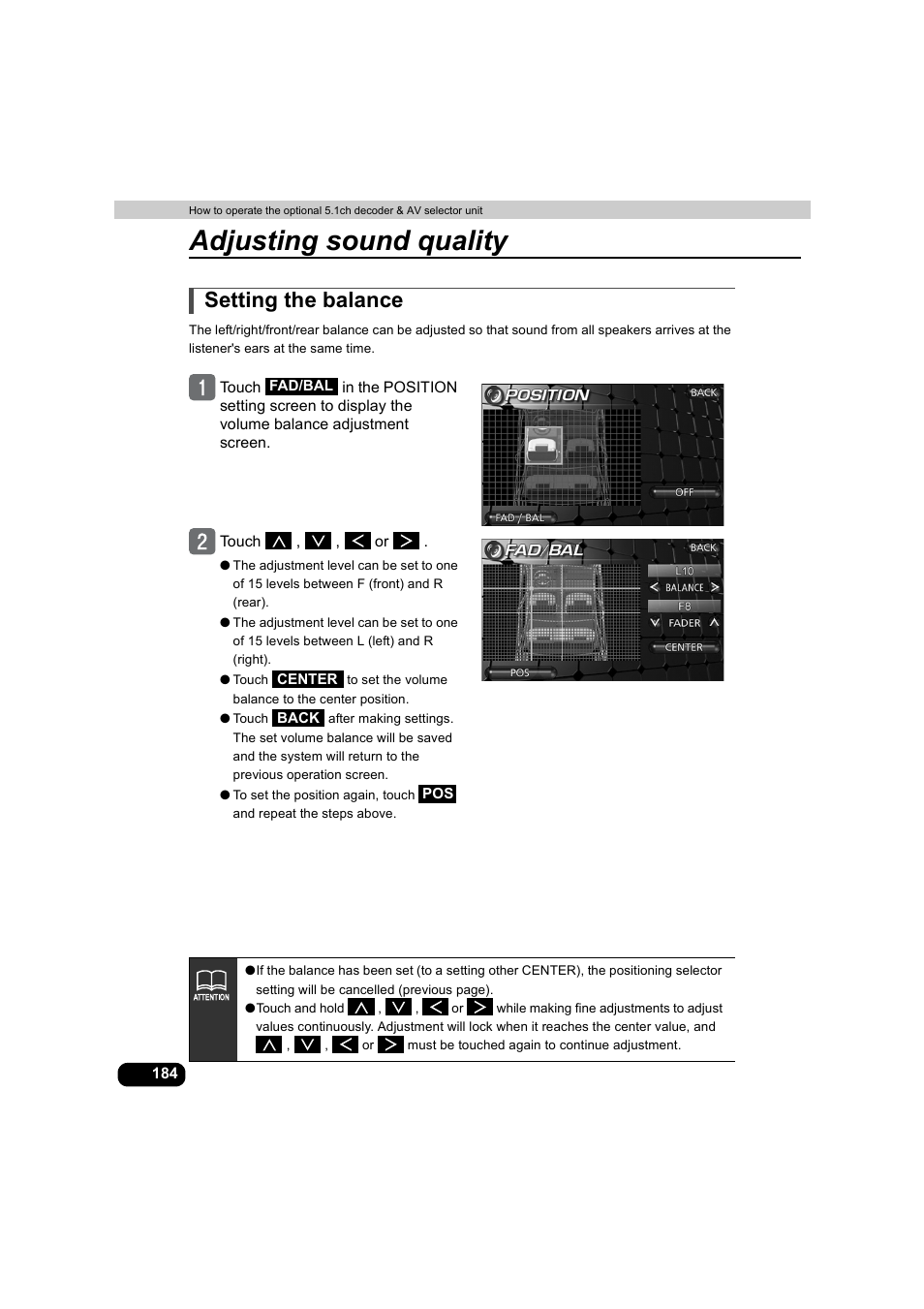 Setting the balance, Adjusting sound quality | Eclipse - Fujitsu Ten AVX5000 User Manual | Page 185 / 262